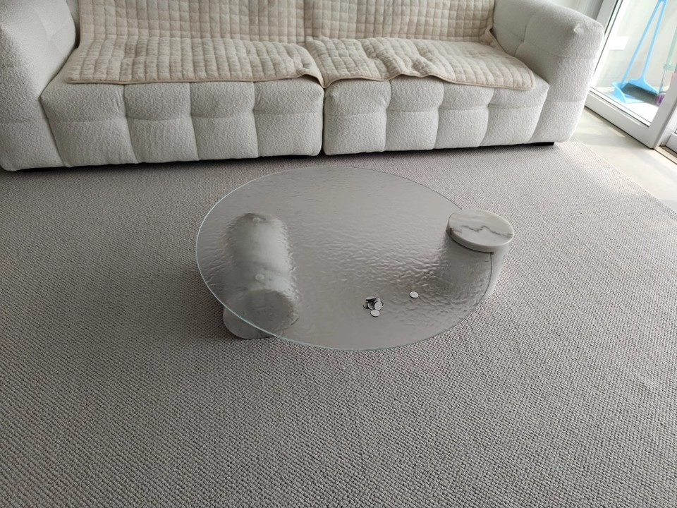 Water Ripple Tempered Glass Coffee Table with Natural Stone Base - Image 2