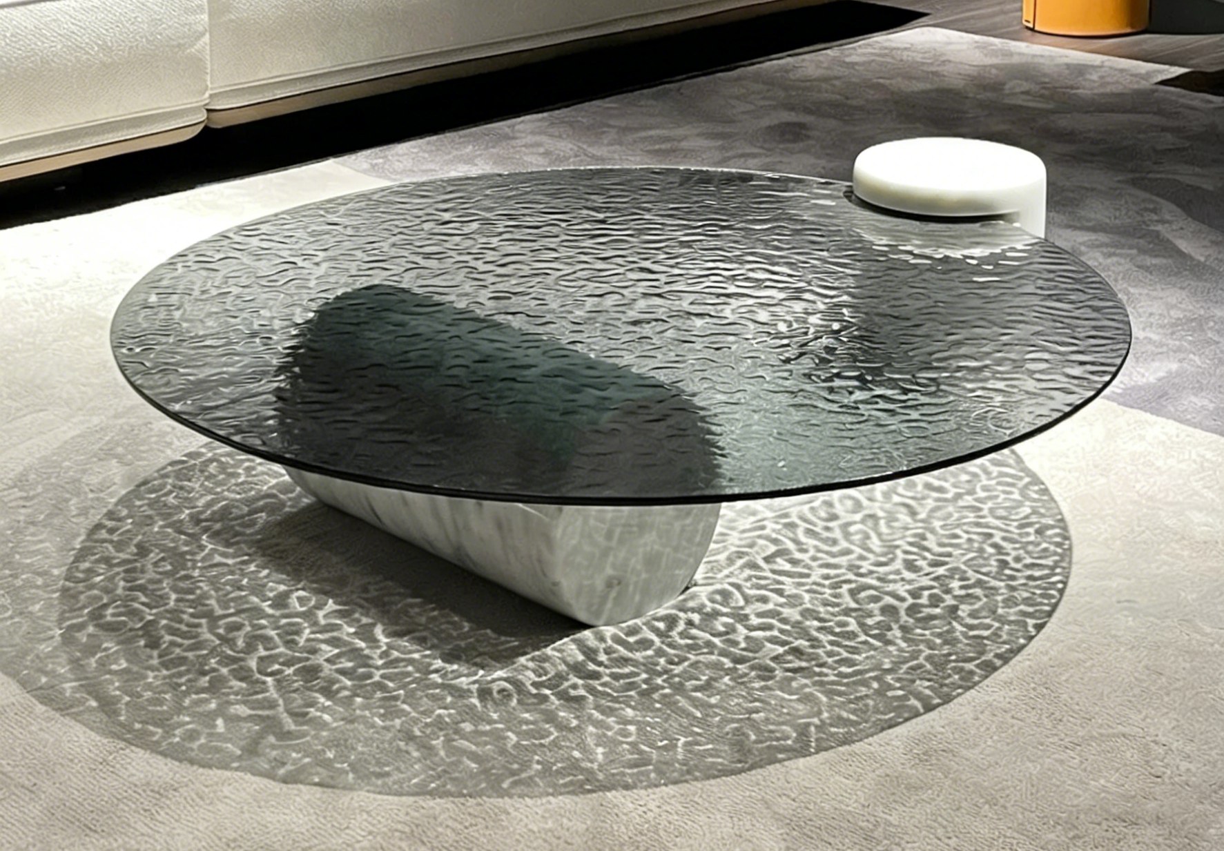 Water Ripple Tempered Glass Coffee Table with Natural Stone Base - Image 4