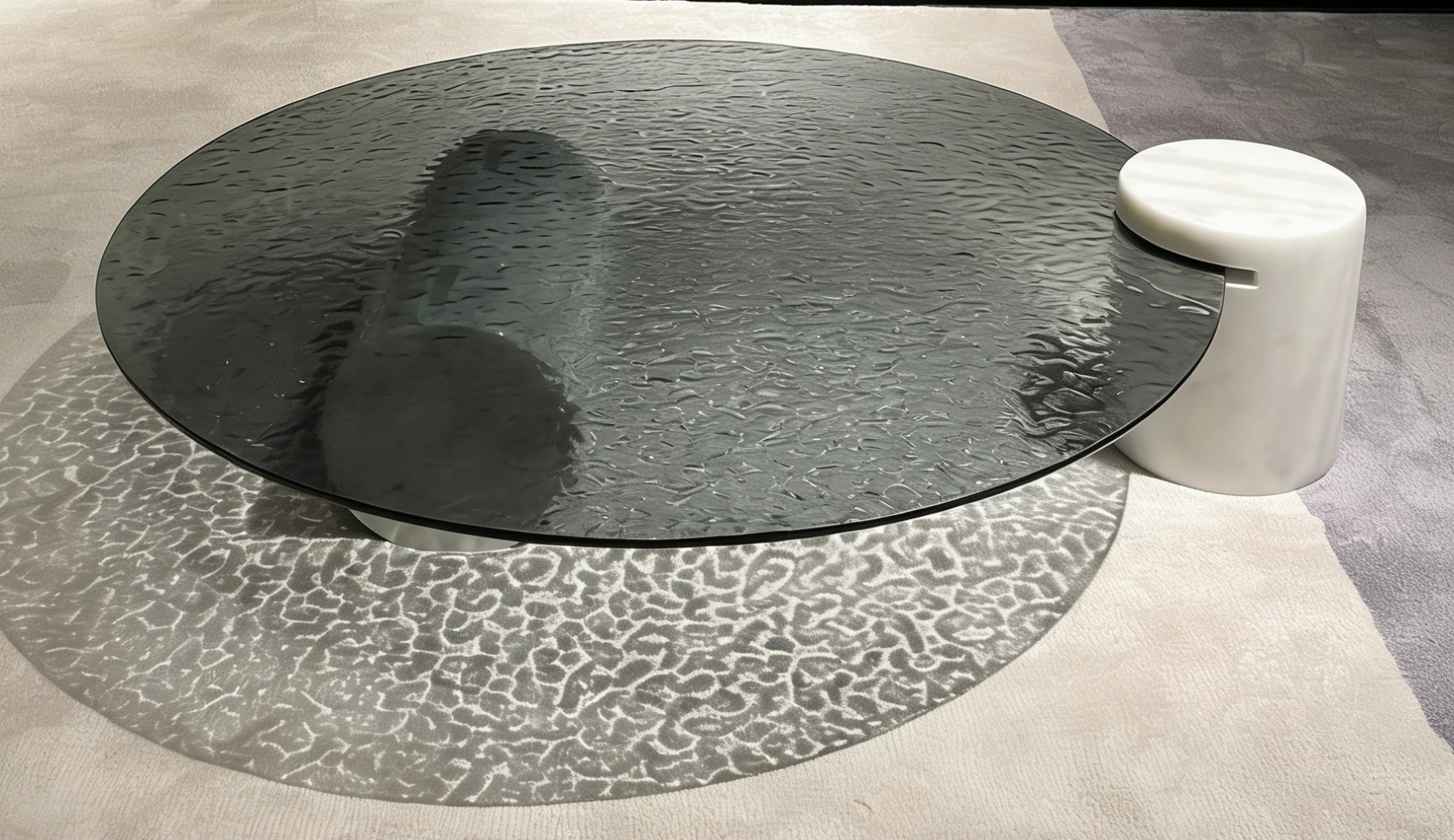 Water Ripple Tempered Glass Coffee Table with Natural Stone Base - Image 5